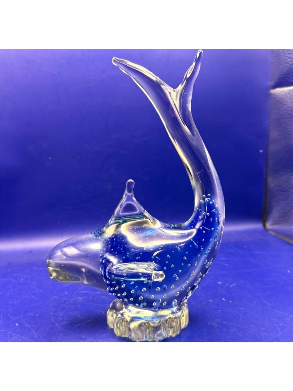 Art Glass Whale Figurine Controlled Bubble Blue Paperweight Nautical Décor 7"